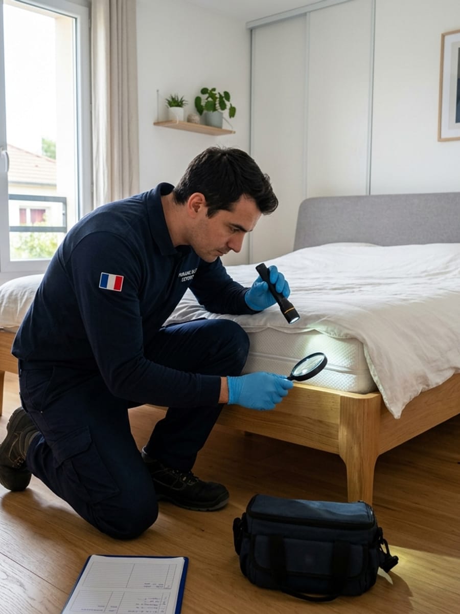 Inspecteur professionnel utilisant une loupe pour examiner un matelas à la recherche de punaises de lit