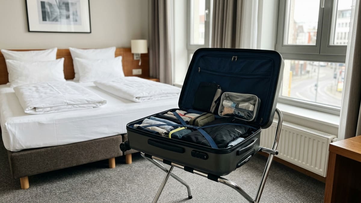 Valise posée sur un porte-bagages métallique dans une chambre d'hôtel, loin du lit