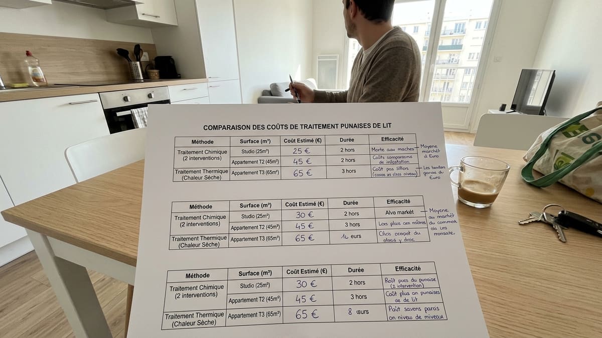 Tableau comparatif des devis punaise de lit par méthode et surface
