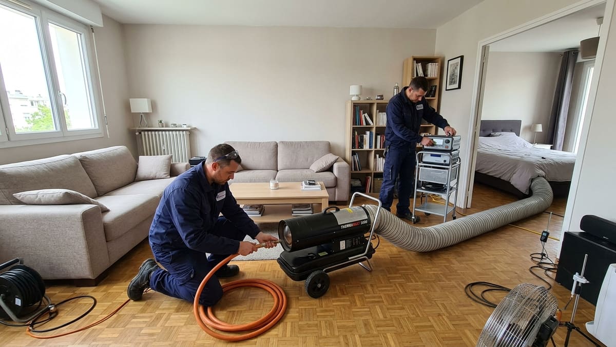 Installation professionnelle de canons à chaleur pour un traitement thermique contre les punaises de lit
